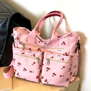 Cherry Print Pink Tote Bag with Front Pockets
